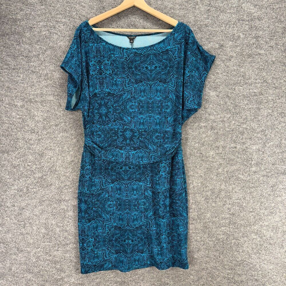 Ann Taylor Dress Women L Large Blue Geometric Sheath Midi Lined Short Sleeve